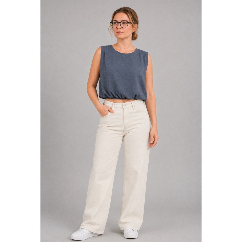 Womens Medium Blue Gray Sleeveless Blouson Crop Top Casual Minimalist Boho M